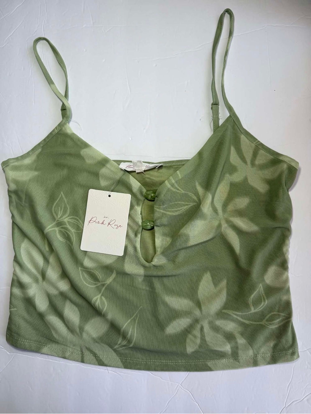 Pink Rose Green Floral Cami Top - Size L - Y2K Fairy Boho - NWT
